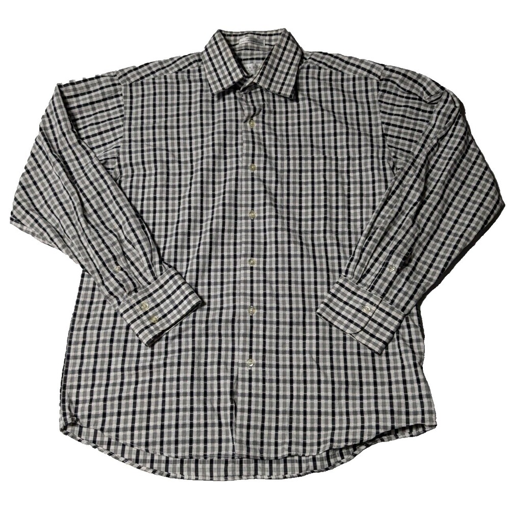 LINEA DOME CHEMISE Men Medium 15-15.5 Black White Plaid Textured‎ Cotton Shirt